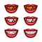 A collection of pop art icons of red female lips - smiling, with missing teeth, with spoiled teeth