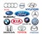 Collection of popular car logos: Volkswagen, Audi, Subaru, Mazda, Hyunday, Toyota, Kia, Volvo, Ford and others, vector