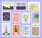 Collection of postage stamps with world attractions, landscapes, plants. Hand drawn vector illustration
