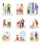 Collection posters with happy young people, vector illustration. Man woman character provide assistance in daily