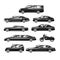 Collection of premium black executive cars, business luxury vehicles with blue flasher siren, side view vector