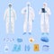 Collection protective equipment for medical staff vector flat scrub clinic staff in personal uniform