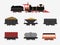 Collection of railway locomotives, passengers wagons and speed trains