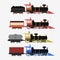 Collection of railway locomotives, passengers wagons and speed trains