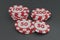 Collection realistic of isometric red & white casino chips, stack of poker chips on grey background, Concept Vegas Online