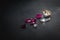 Collection of Red ruby and topaz, Precious stones for jewellery on black matte paper background