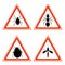 Collection of red triangular warning signs and symbols with icons of pests, tick, ant, fleas and mosquito.