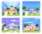 Collection Residential Home Buildings in landscape tropic trees, palms. House exterior facades front view architecture
