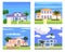 Collection Residential Home Buildings in landscape tropic trees, palms. House exterior facades front view architecture