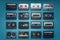 Collection Of Retro Audio Tapes On Blue Background, Top View. Retro Technology Music Concept