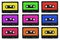 Collection of retro cassete tapes with multicolored stickers isolated on white