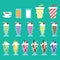 Collection retro, pixel milkshakes, drinks, beverages in vector