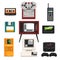 Collection of retro technique, audio music cassette, reel recorder, portable radio, pager, TV, tetris, diskette