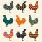 Collection of roosters silhouettes with geometric patterns