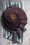 Collection of round rusty cast iron frying pans