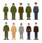 Collection of Russian and American military people or personnel dressed in various uniform. Bundle of soldiers of Russia