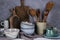 Collection of rustic simple handcraft kitchenware in neutral tones