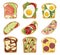 Collection sandwiches with ingredients top view vector flat illustration. Set toasts bread breakfast