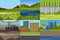 Collection of Sceneries of Urban and Natural Landscapes, Summer Backgrounds with Lake, Hills, Industrial Plant and City