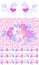 Collection of seamless and endless ornaments with petals, bunch of flowers and frolic unicorns on white background