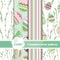 Collection of seamless green patterns with stylized painted eggs.