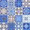 Collection seamless patchwork pattern from Moroccan ,Portuguese tiles in blue and brown colors. Decorative ornament