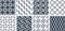 Collection seamless pattern of blue and white abstract twigs with leaves in the shape of hearts. Different compositions from one