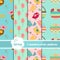 Collection of seamless patterns with stylized cute trees,eggs and birds.