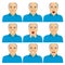 Collection of senior adult bald man making six different face expressions