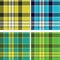 Collection set of 4 plaid checkered tartan seamless pattern in yellow, blue, green and teal.