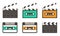 Collection set of 80s 90s music audio cassette tape and movie clapper objects icons vector illustration in retro hipster