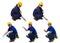 Collection set of construction man workers in blue shirt with Protective gloves, helmet with tool belt sitting and Thumbs up