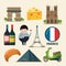 Collection set of france landmarks. Vector icon set in cartoon style