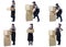 Collection set of Full Body portrait of delivery woman in Gray shirt isolated