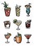 Collection set of icon hand-drawn ink retro color style vector illustration. Various alcohol cocktail glasses high ball