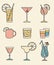 Collection set of icons various alcohol cocktail glasses high ball martini margarita old fashioned shot Moscow mule mug. Retro