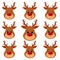 Collection, set of nine cute reindeer head isolated on a white background. Joyful, happy, sleeping, smiling. Cartoon