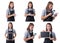 Collection set of portrait of waitress, delivery woman or Servicewoman in Gray shirt and apron isolated on white background