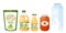 Collection set of processed food objects milk apple jam juice dried fruit