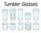 Collection set of tumbler bar cocktail glasses including highball, old fashioner, double whiskey, rocks and Collins