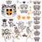 Collection or set of vintage styled heraldic elements horses unicorn lion shields crowns and other