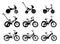 Collection of silhouette bikes. Set of variety of two, three, and four-wheeled bicycles with different frame types.