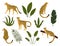 Collection of silhouette leopards, exotic leaves, tropical plants