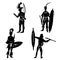 Collection of silhouettes of African tribal warriors in the battle suit and arms hand drawn illustration