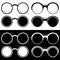 Collection of silhouettes of glasses with round lenses on black and white backgrounds. Set of vector icons and signs.