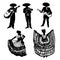 Collection of silhouettes of Mexican musicians with instruments and dancers, hand drawn illustration