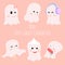 Collection of simple pretty flat ghosts. Halloween scary ghostly monsters. Vector Illustration