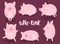 A collection of six funny pigs on a burgundy background with the word oink. Vector illustration for New Year, Christmas, prints, i