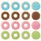 Collection of sixteen glazed colorful donuts with different flavors