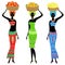 Collection. A slender African-American lady. The girl carries a basket on her head with apples, bananas, oranges. Women are
